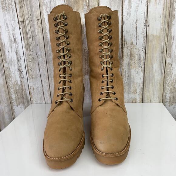David Aaron Mid Calf Tan Nubuck Leather Lace Up Eyelet Heeled Boots 7 M Spain - Picture 5 of 11
